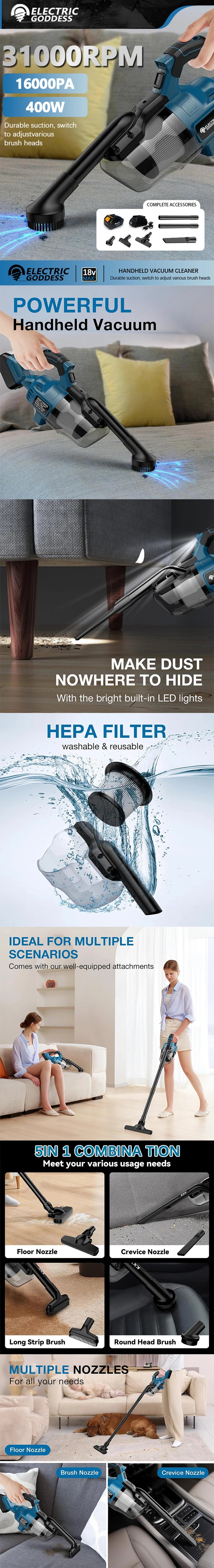 Electric Goddess Cordless Handheld Vacuum Cleaner Portable Floor Construction Carpet Pet Hair Cleaning For Makita 18V Battery