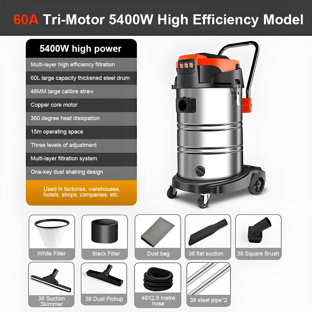 5400W Electric Vacuum Cleaner 60L High Power Wet and Dry Vacuum Cleaner Industrial Car Wash Shop Large Suction Seam Cleaner