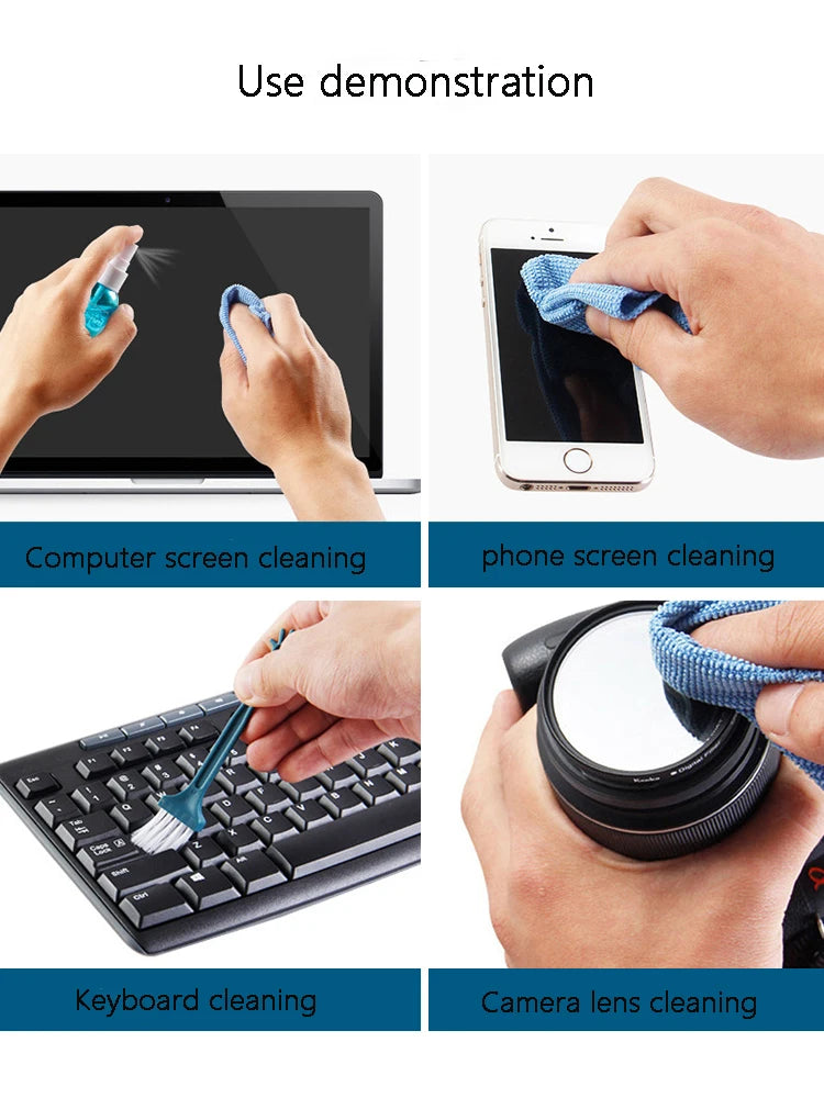 Screen cleaning kit liquid suitable for LCD TV, tablet, mobile phone, laptop, camera lens, CD cleaner, keyboard cleaning brush