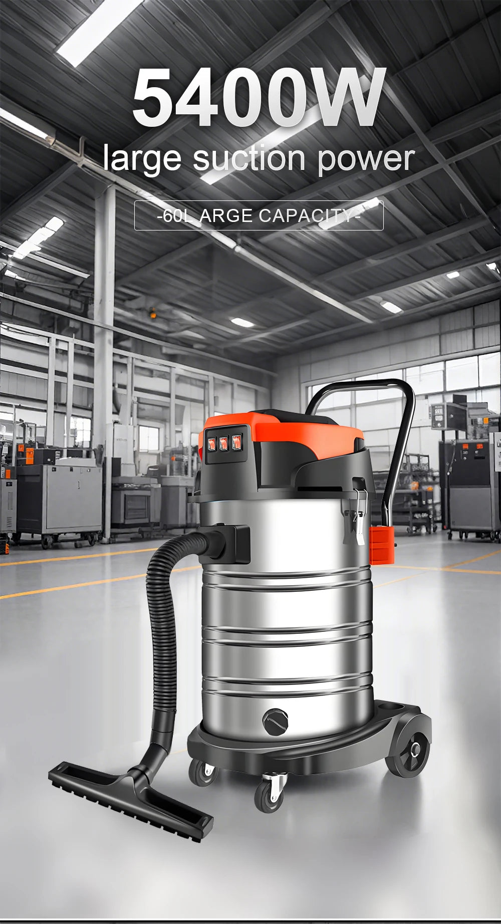 5400W Electric Vacuum Cleaner 60L High Power Wet and Dry Vacuum Cleaner Industrial Car Wash Shop Large Suction Seam Cleaner