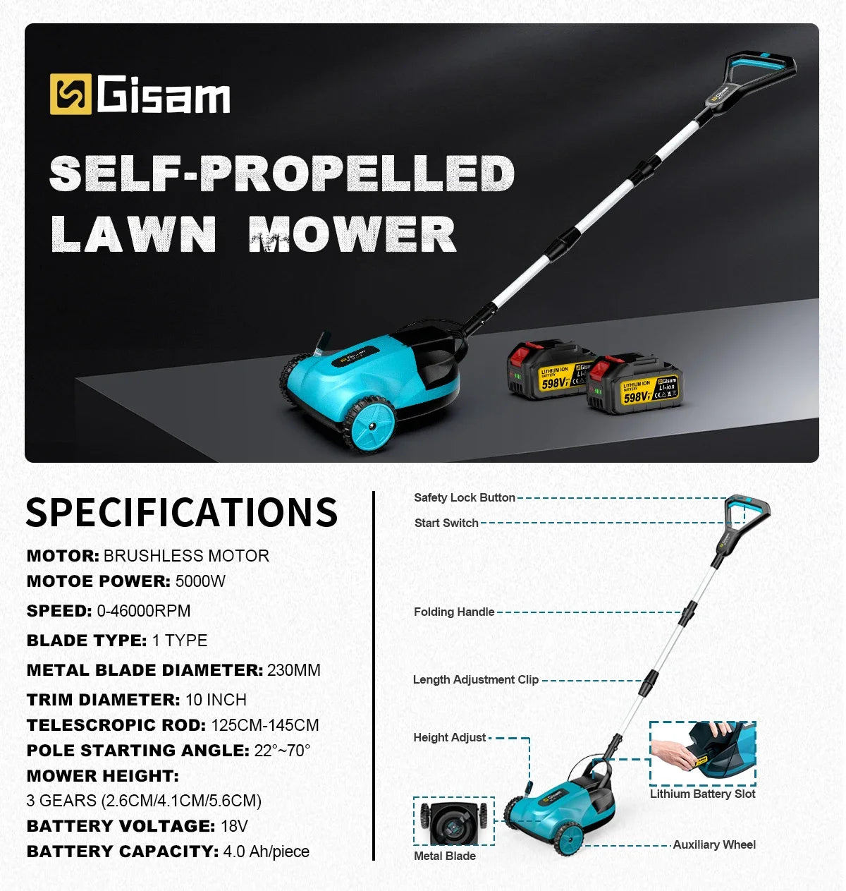 10Inch 46000RPM Brushless Electric Lawn Mower Cordless Grass Trimmer Home Garden Landscaping Cutter For Makita 18V Battery Pin