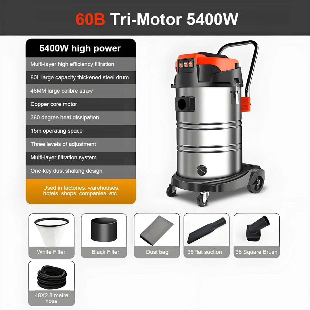 5400W Electric Vacuum Cleaner 60L High Power Wet and Dry Vacuum Cleaner Industrial Car Wash Shop Large Suction Seam Cleaner