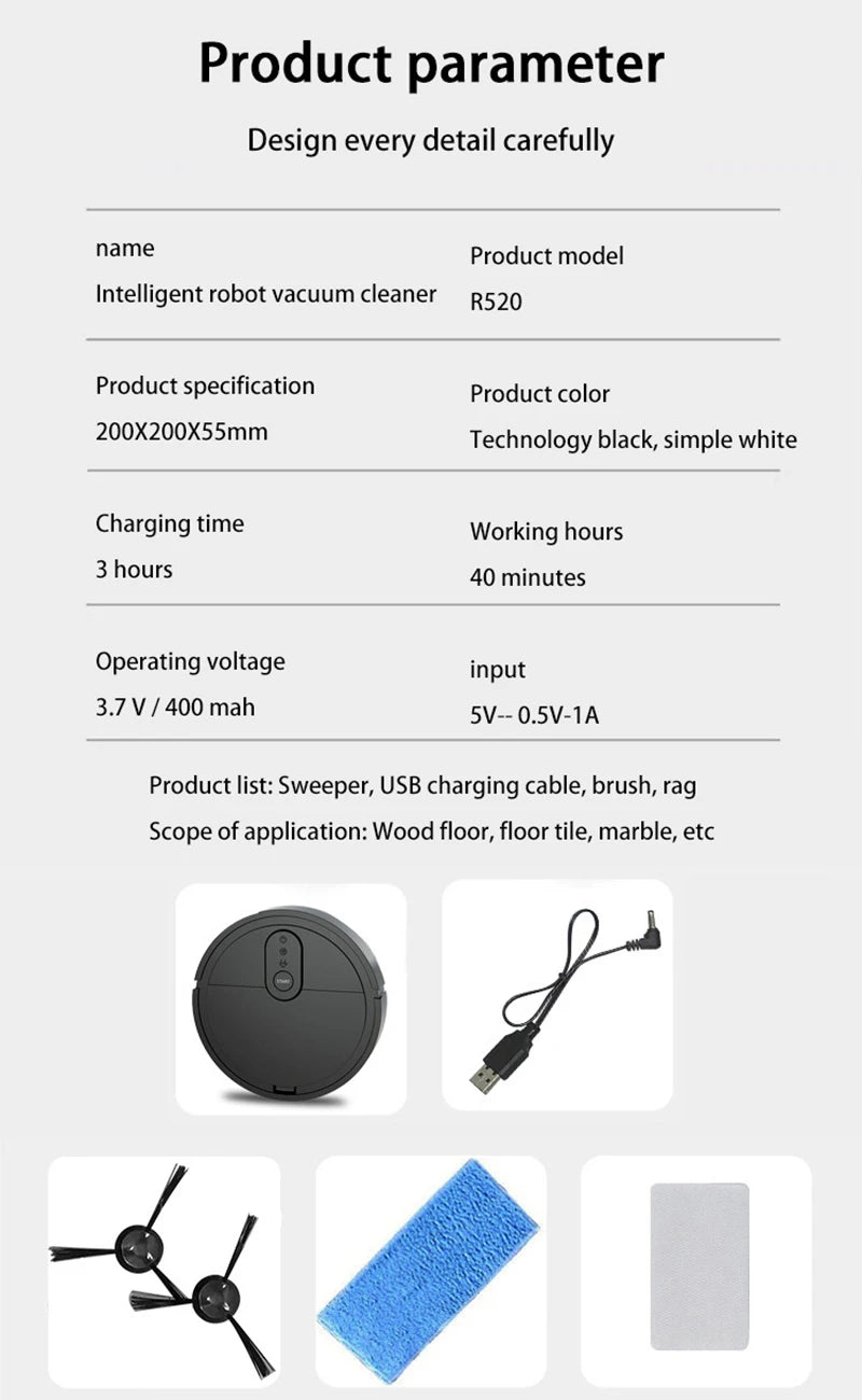 Robot Vacuum Cleaner 3-in-1 Electric Intelligent Pet Hair Cleaner Tool Usb Charging Convenient Mopping Household Home Machine