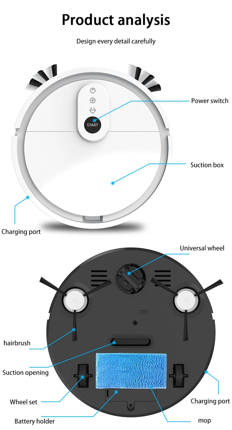 Robot Vacuum Cleaner 3-in-1 Electric Intelligent Pet Hair Cleaner Tool Usb Charging Convenient Mopping Household Home Machine