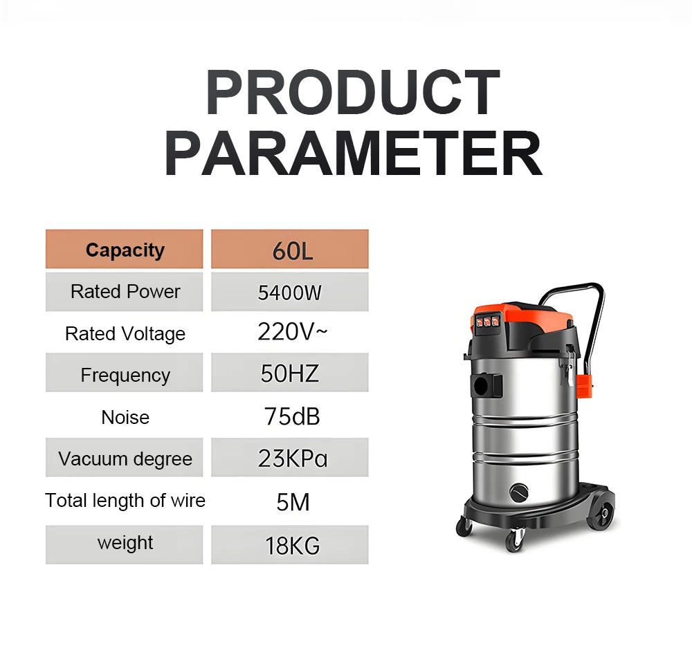5400W Electric Vacuum Cleaner 60L High Power Wet and Dry Vacuum Cleaner Industrial Car Wash Shop Large Suction Seam Cleaner