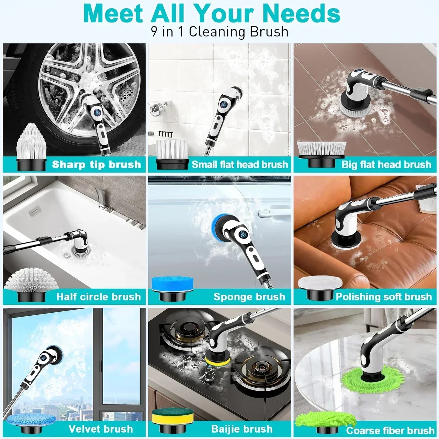 11 in 1 Electric Spin Scrubber Cordless Cleaning Brush Set with 9 Interchangeable Heads for Bathroom Kitchen Car